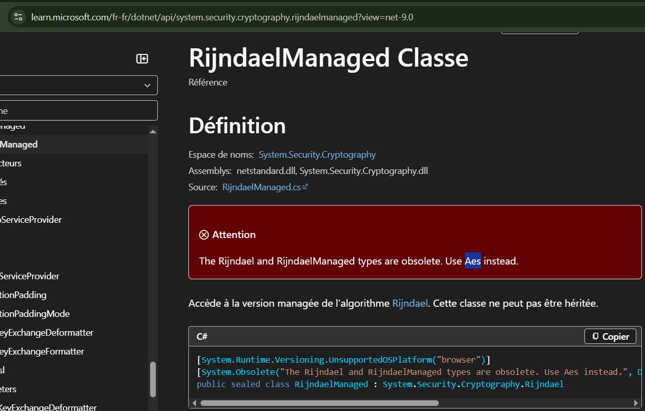 Microsoft Learn documentation page for the RijndaelManaged class, showing the deprecation notice: "The Rijndael and RijndaelManaged types are obsolete. Use Aes instead."